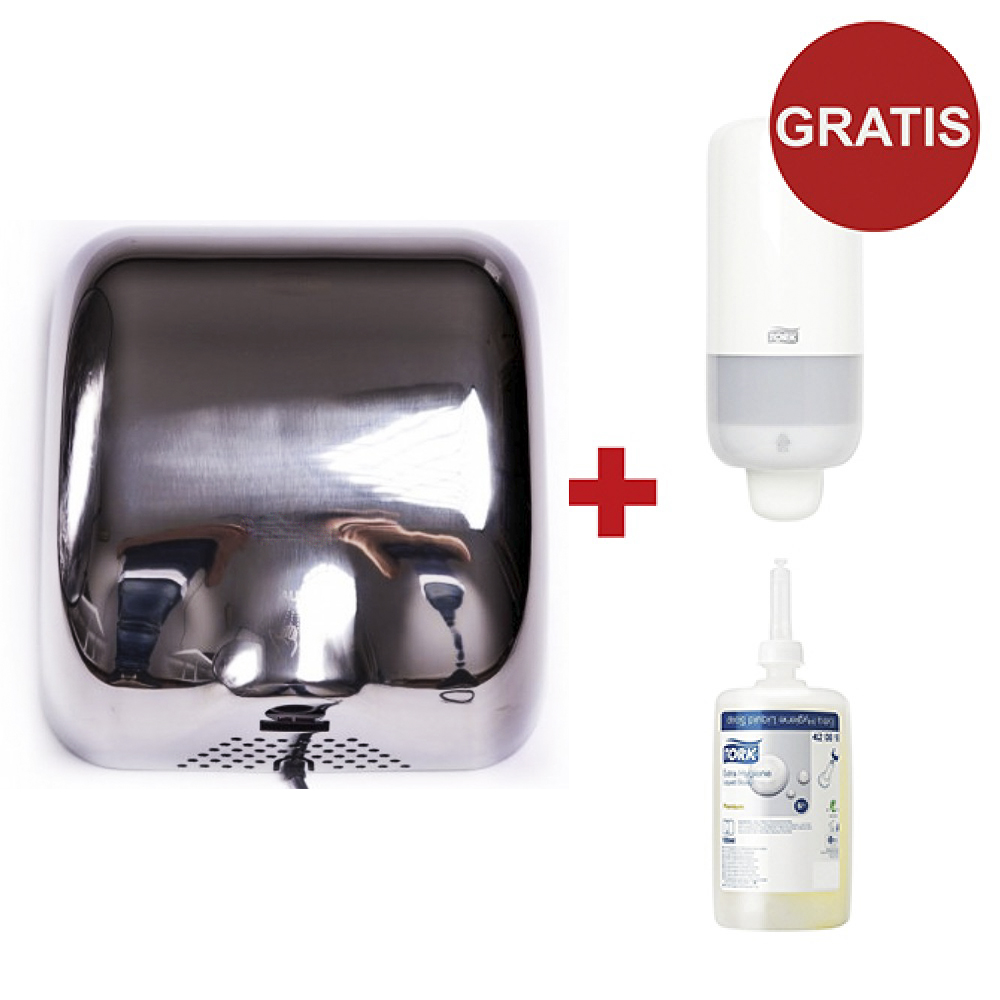 Pachet Uscator de maini INOX LUCIOS + Gratuit 1x Dozator sapun Tork si 1x Sapun lichid Tork
